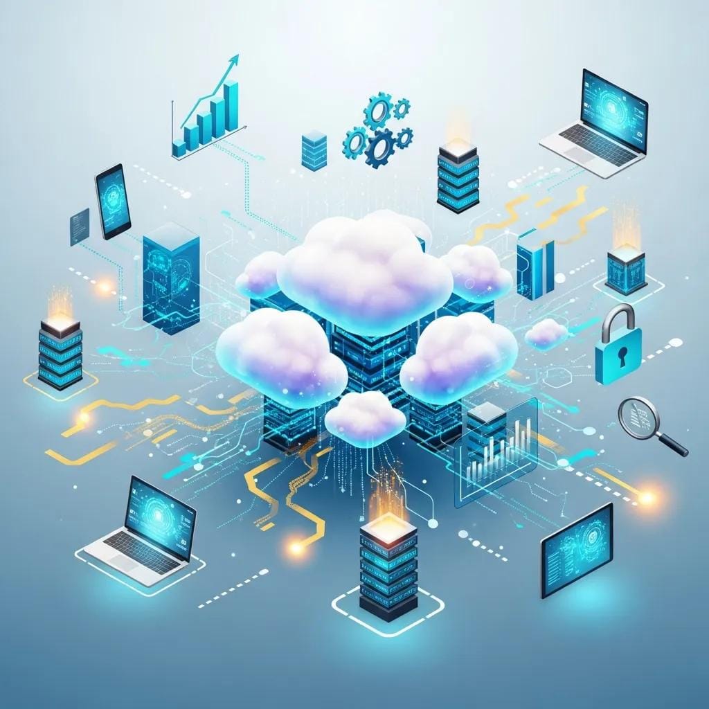 Conceptual image of cloud computing with interconnected devices, representing scalable business solutions