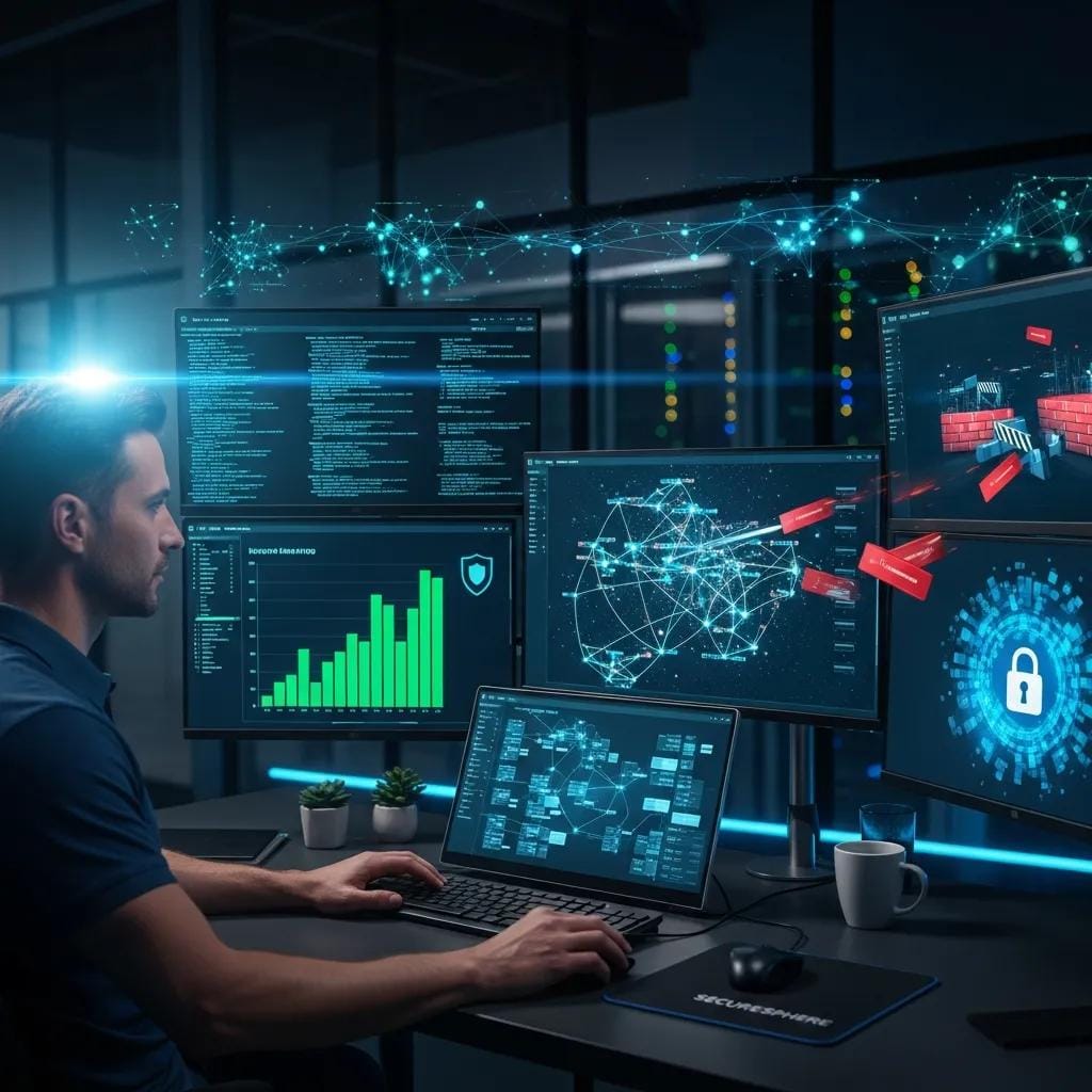 Security analyst monitoring systems to show best practices for implementing cybersecurity