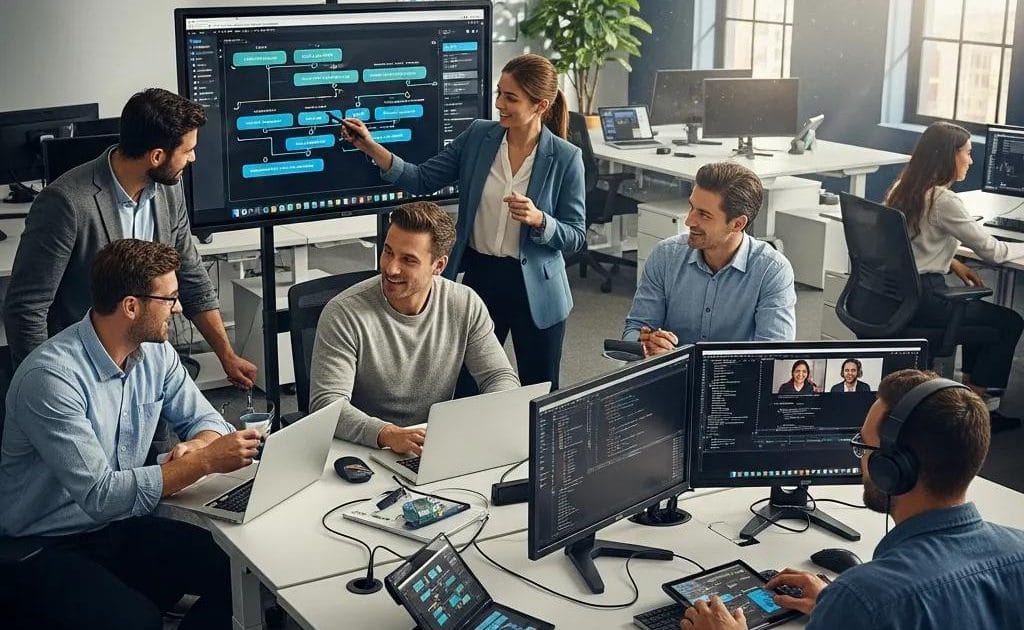 Diverse professionals collaborating in a modern office, emphasizing tech services for business efficiency