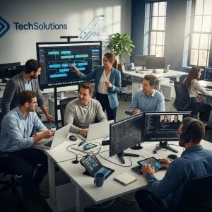 Diverse professionals collaborating in a modern office, emphasizing tech services for business efficiency