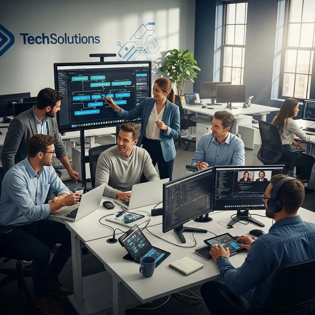 Diverse professionals collaborating in a modern office, emphasizing tech services for business efficiency