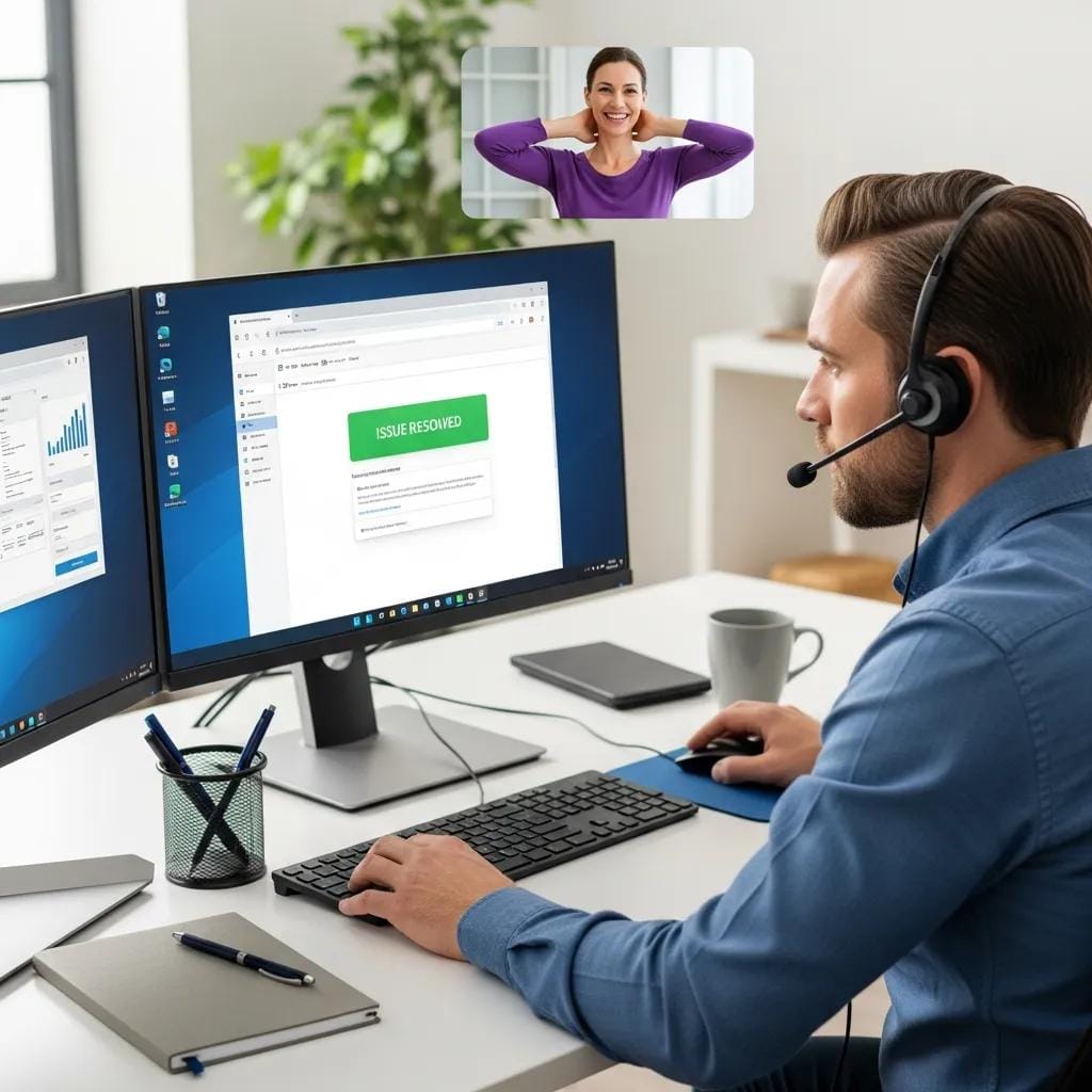 IT technician providing remote support to a client, illustrating managed IT support services