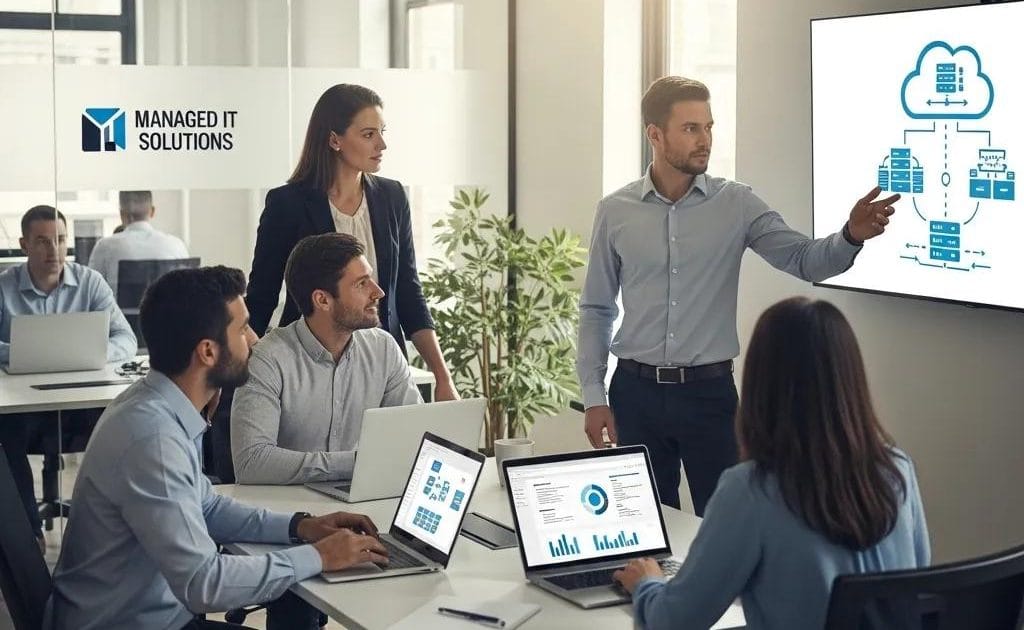 Professionals collaborating in a modern office, highlighting managed IT solutions and business efficiency