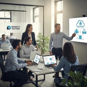 Professionals collaborating in a modern office, highlighting managed IT solutions and business efficiency