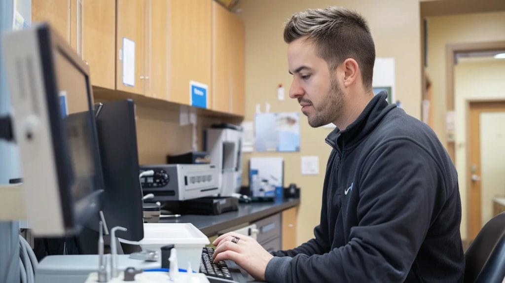 IT tech helping with a dental office computer