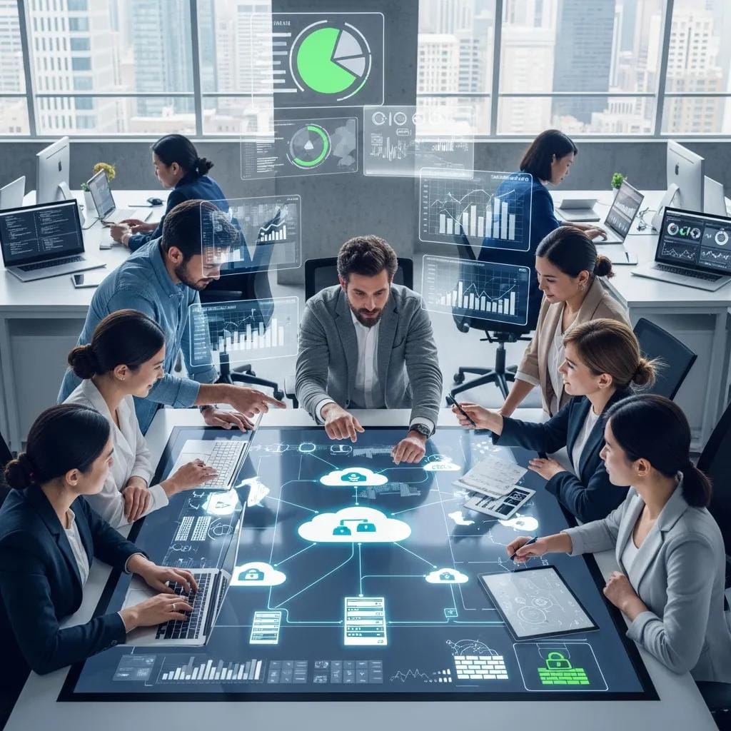 Diverse professionals collaborating on IT solutions in a modern office