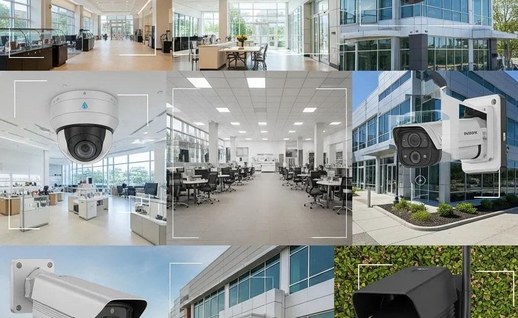 Modern business security system with various surveillance cameras in a commercial environment