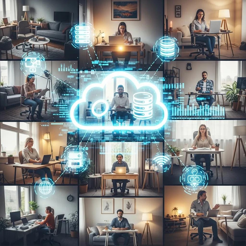 Remote team on video call with cloud service graphics