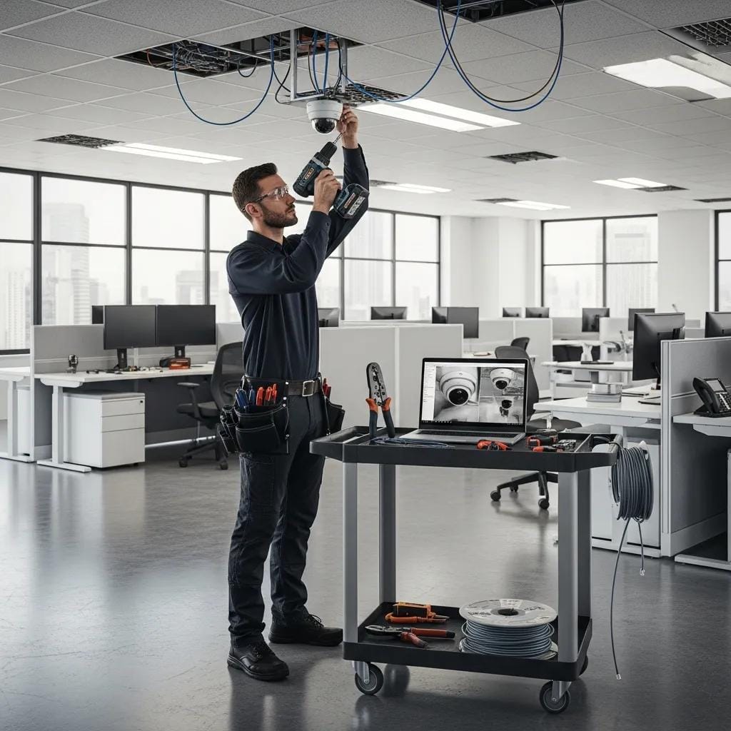 Technician mounting a security camera inside a commercial building