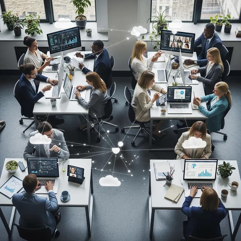 Attorneys collaborating using cloud solutions in a modern workspace