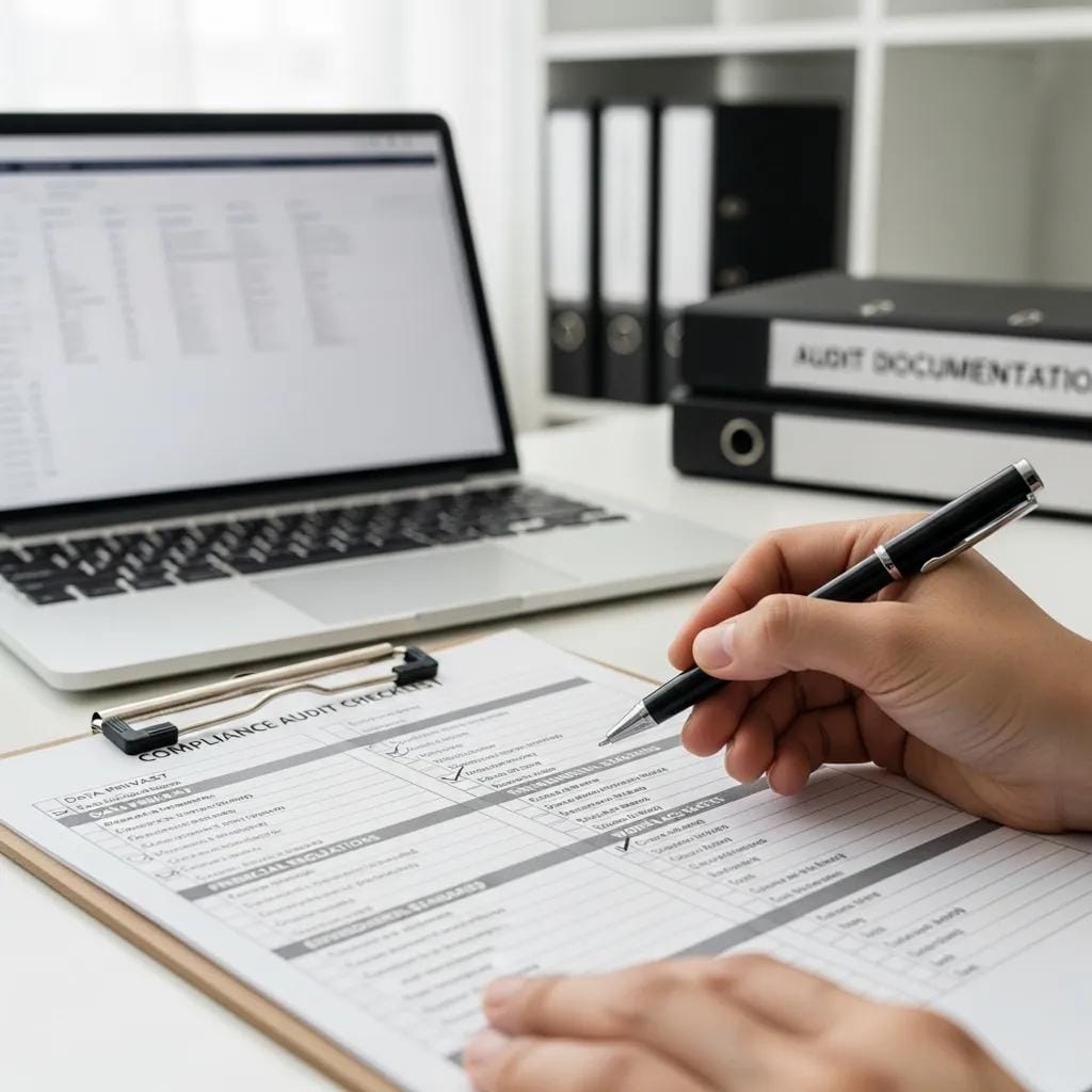 Professional checking items on a compliance audit checklist