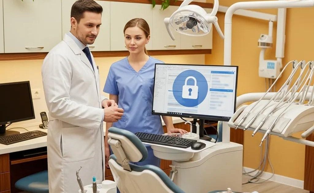 Dental professionals discussing HIPAA compliance in a secure office environment