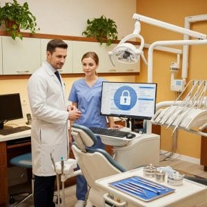 Dental professionals discussing HIPAA compliance in a secure office environment