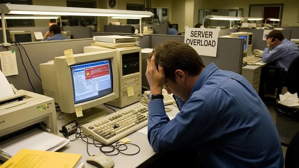 Employee experiencing IT system overload with outdated technology in a busy office