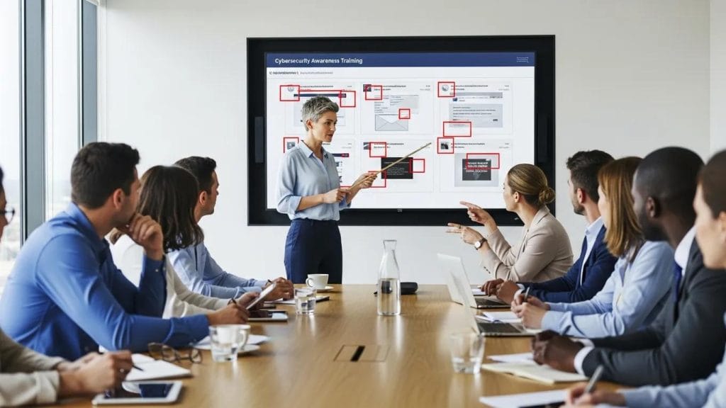 Employees in a cybersecurity training session to prevent phishing