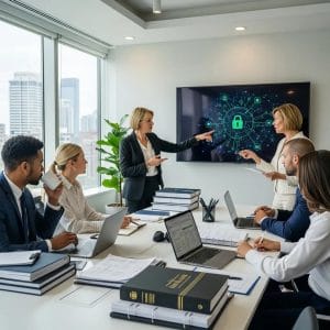 Indiana attorneys discussing managed IT services in a modern office setting