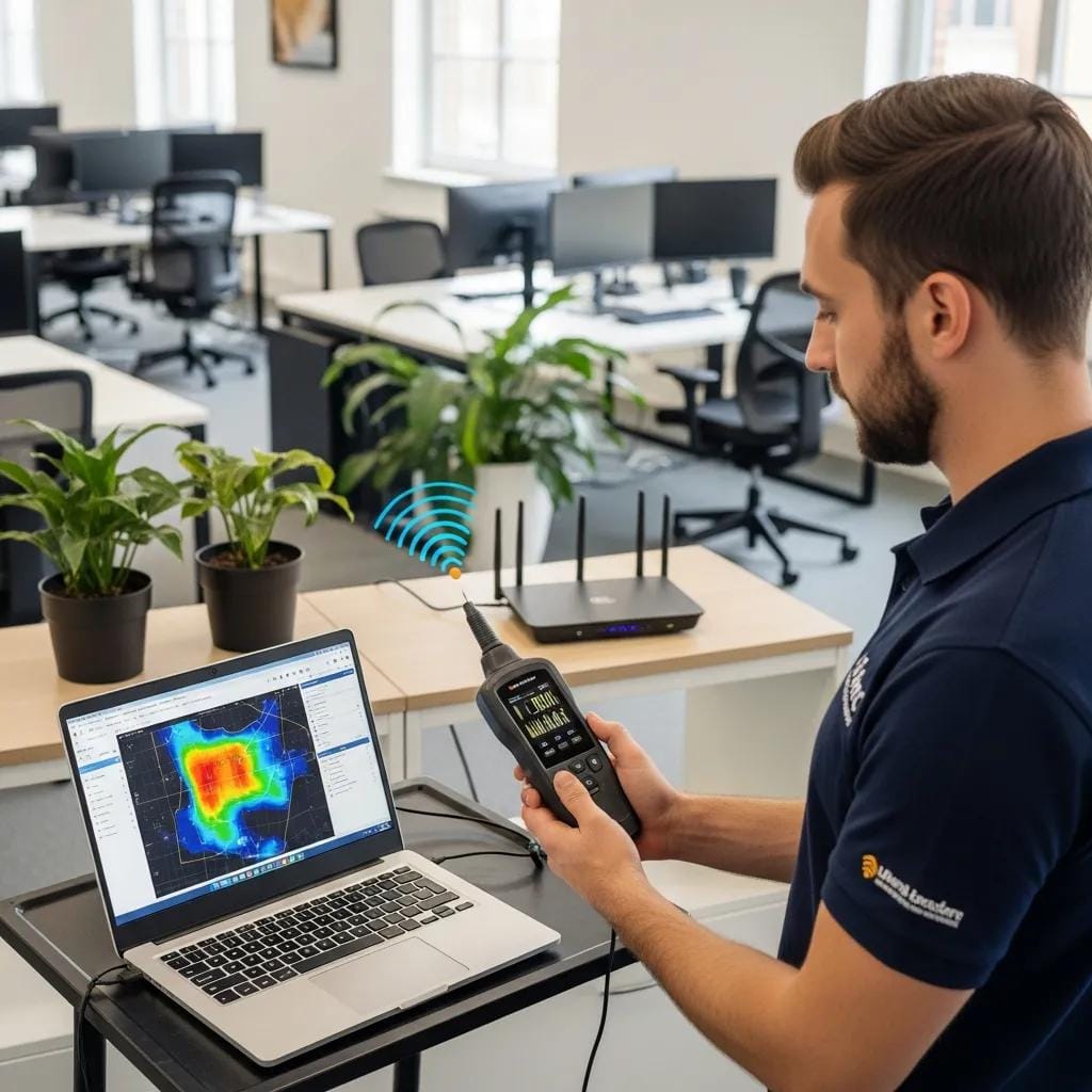 IT professional assessing WiFi coverage in an office, demonstrating the importance of identifying connectivity issues