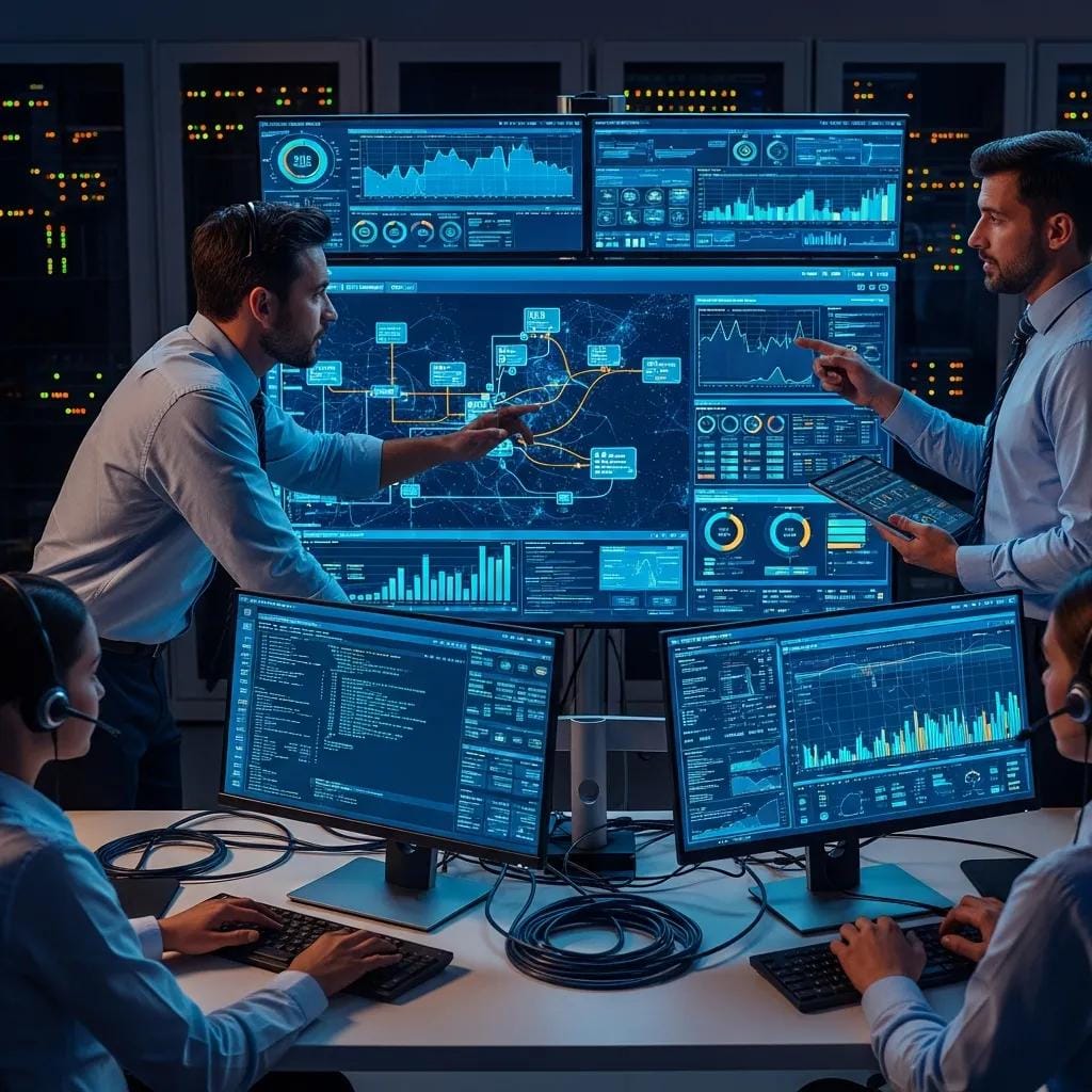 IT team monitoring systems remotely to prevent issues before they occur