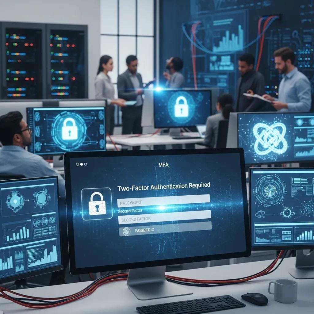 Multi-factor authentication process displayed on a computer screen in a modern office