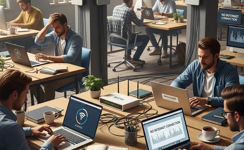 Office employees experiencing connectivity issues due to poor WiFi, highlighting the importance of reliable internet for business productivity