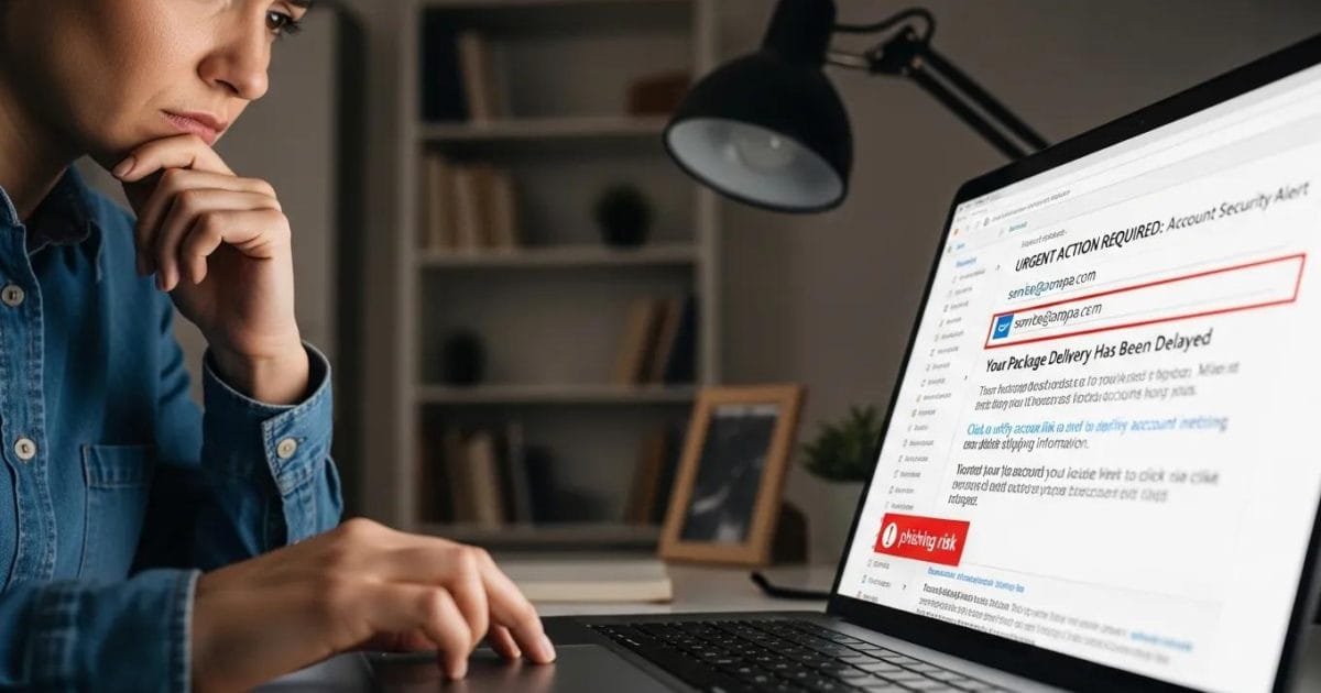 Person concerned about phishing email consequences while checking laptop