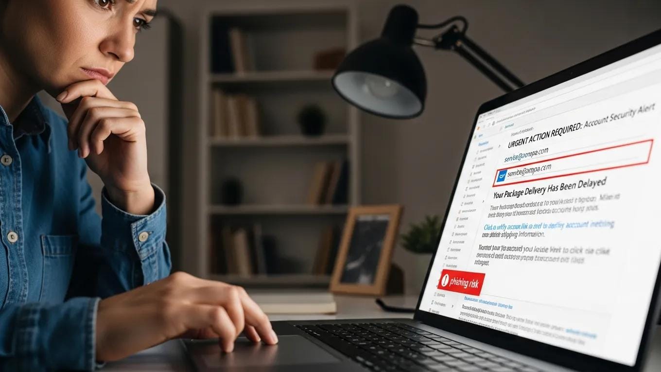 Person concerned about phishing email consequences while checking laptop