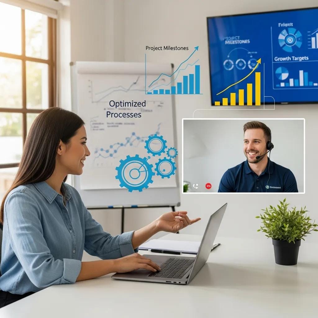 Small business owner benefiting from managed IT support with positive growth indicators