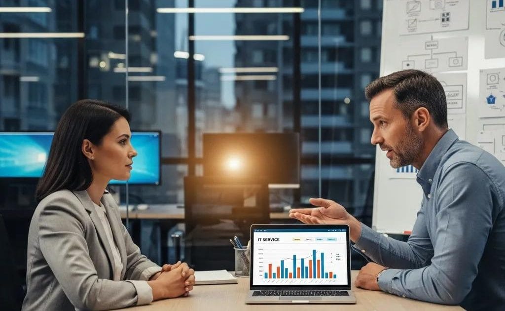 Small business owner consulting with IT service provider about break-fix vs managed IT services