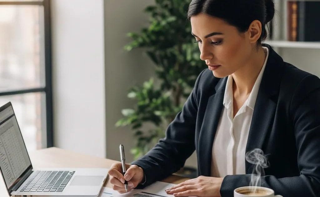 Small business owner reviewing compliance documents in a modern office