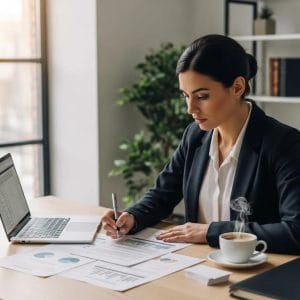 Small business owner reviewing compliance documents in a modern office