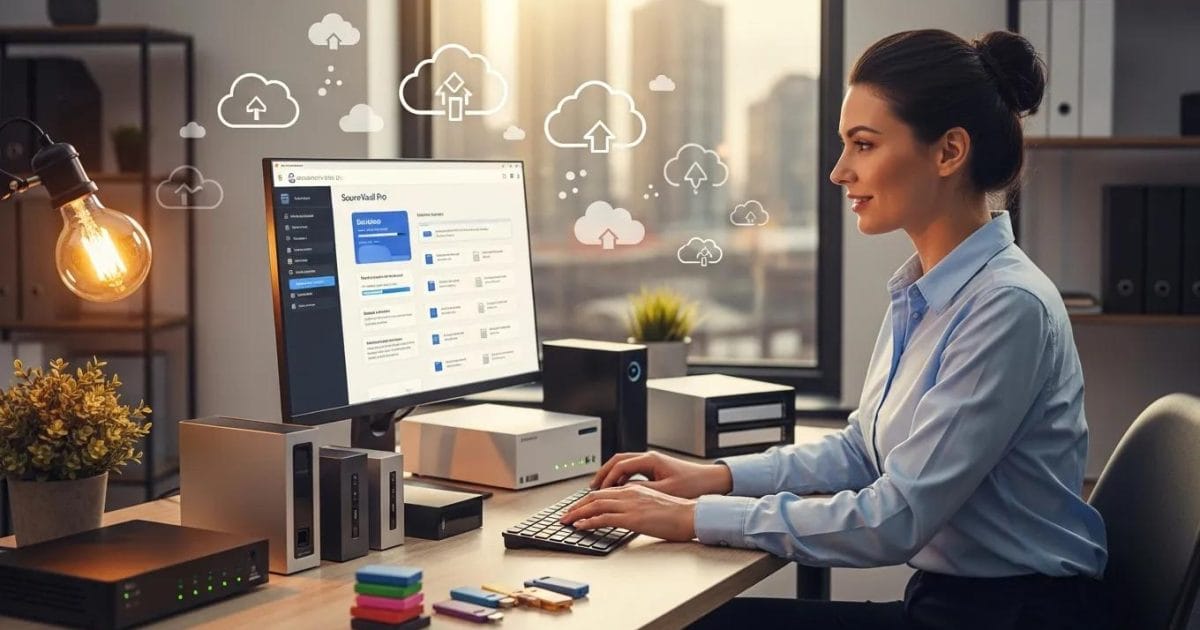 Small business owner surrounded by data storage solutions emphasizing data backup importance