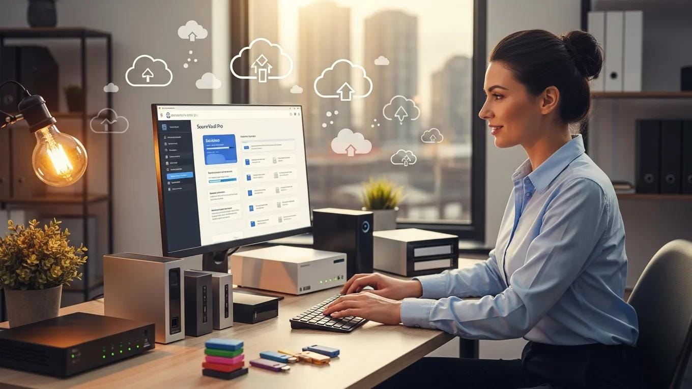 Small business owner surrounded by data storage solutions emphasizing data backup importance