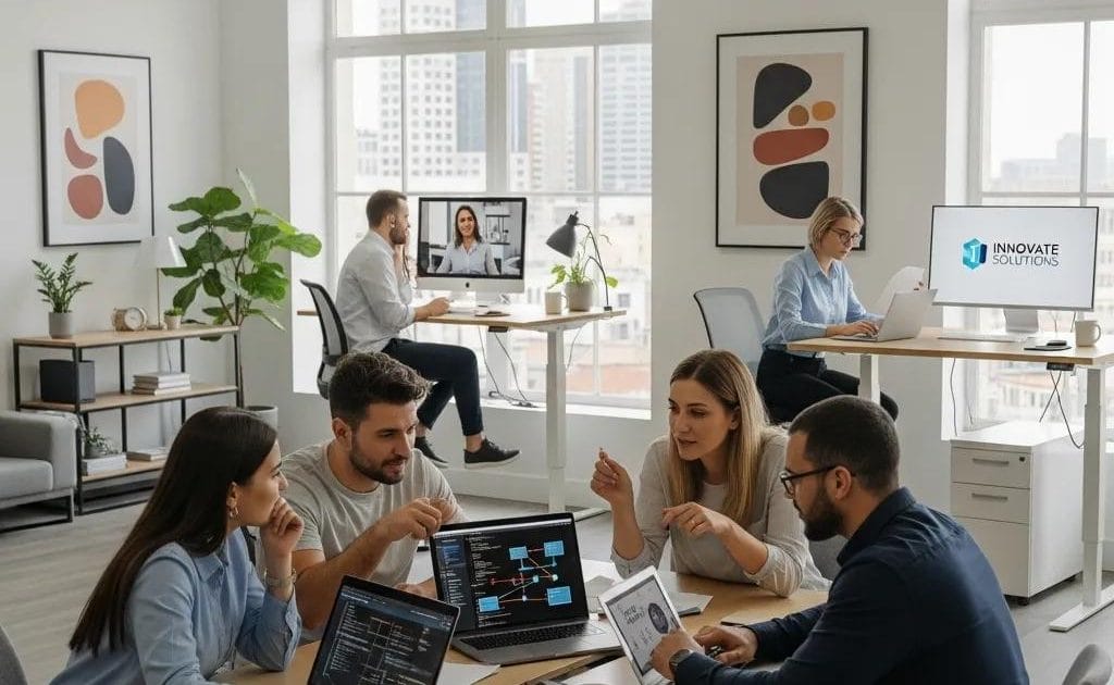 Small business team collaborating on IT solutions in a modern office