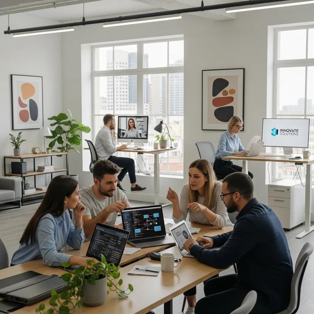 Small business team collaborating on IT solutions in a modern office