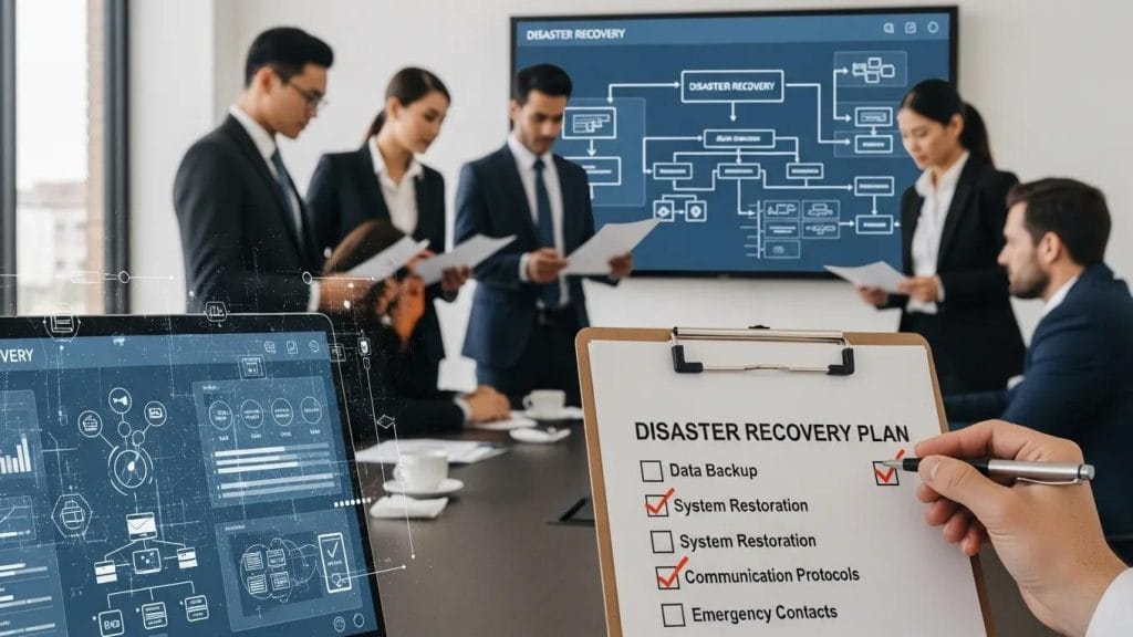 Business team reviewing a disaster recovery checklist and technology setup to prepare for outages