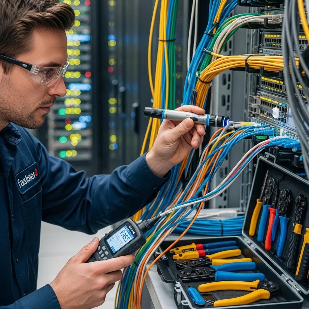 Technician conducting maintenance on network cabling in a server room