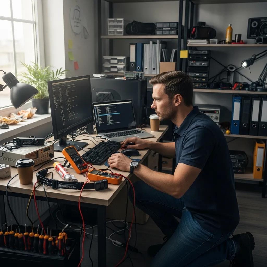 IT technician diagnosing an issue during on‑site break‑fix service at a small office