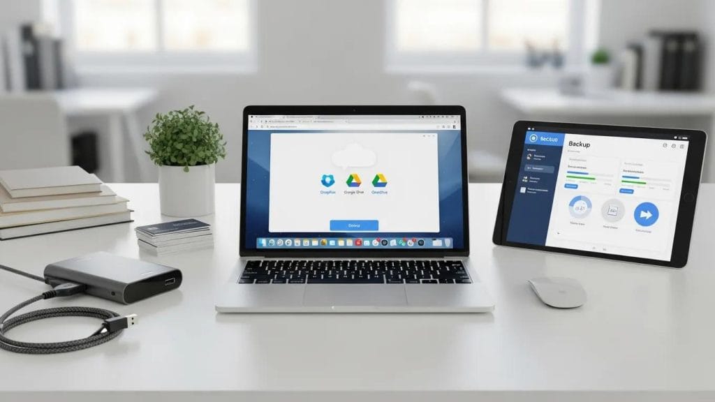 Cloud backup services and external hard drives displayed in a workspace to represent backup tools