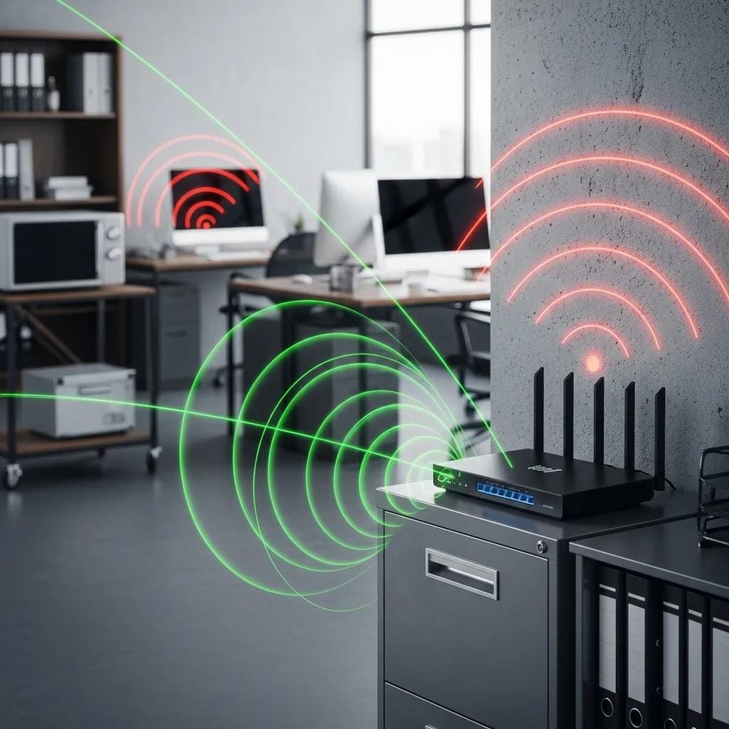 WiFi router surrounded by potential sources of signal interference, illustrating the impact on network performance