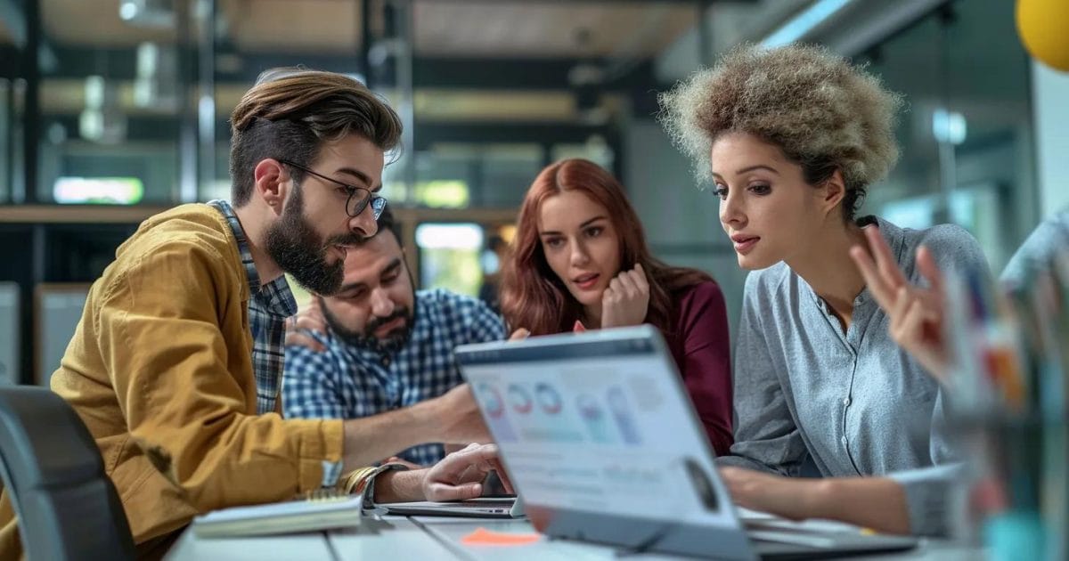 Small business team collaborating on proactive IT solutions in a modern office