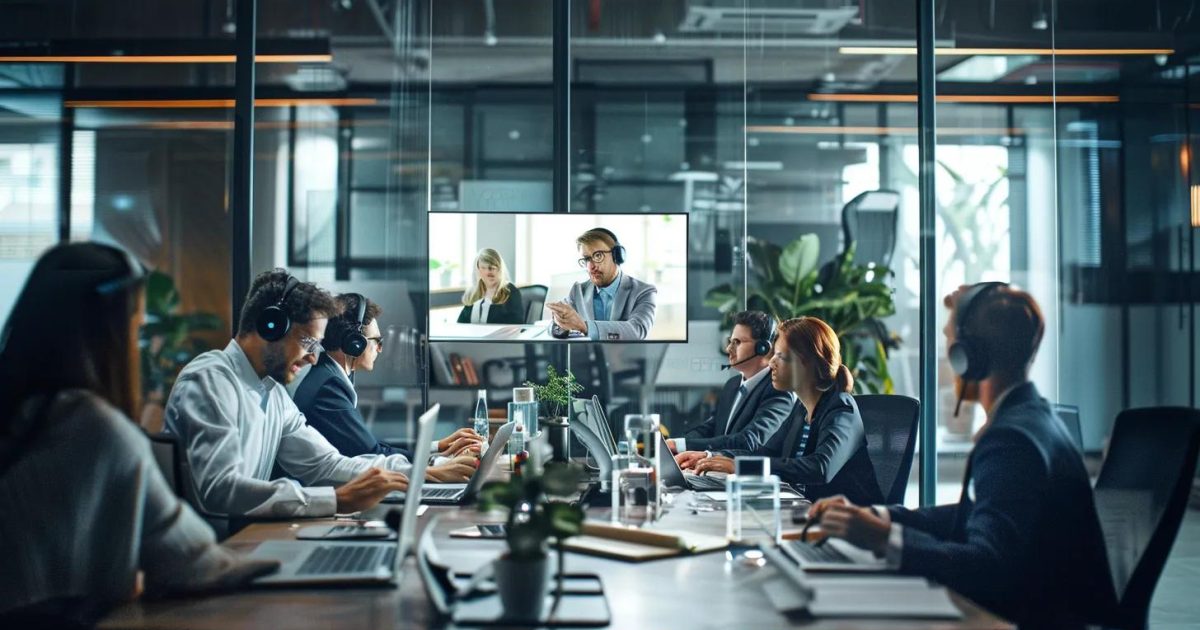 Modern office team using VoIP technology for effective communication