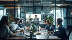 Modern office team using VoIP technology for effective communication