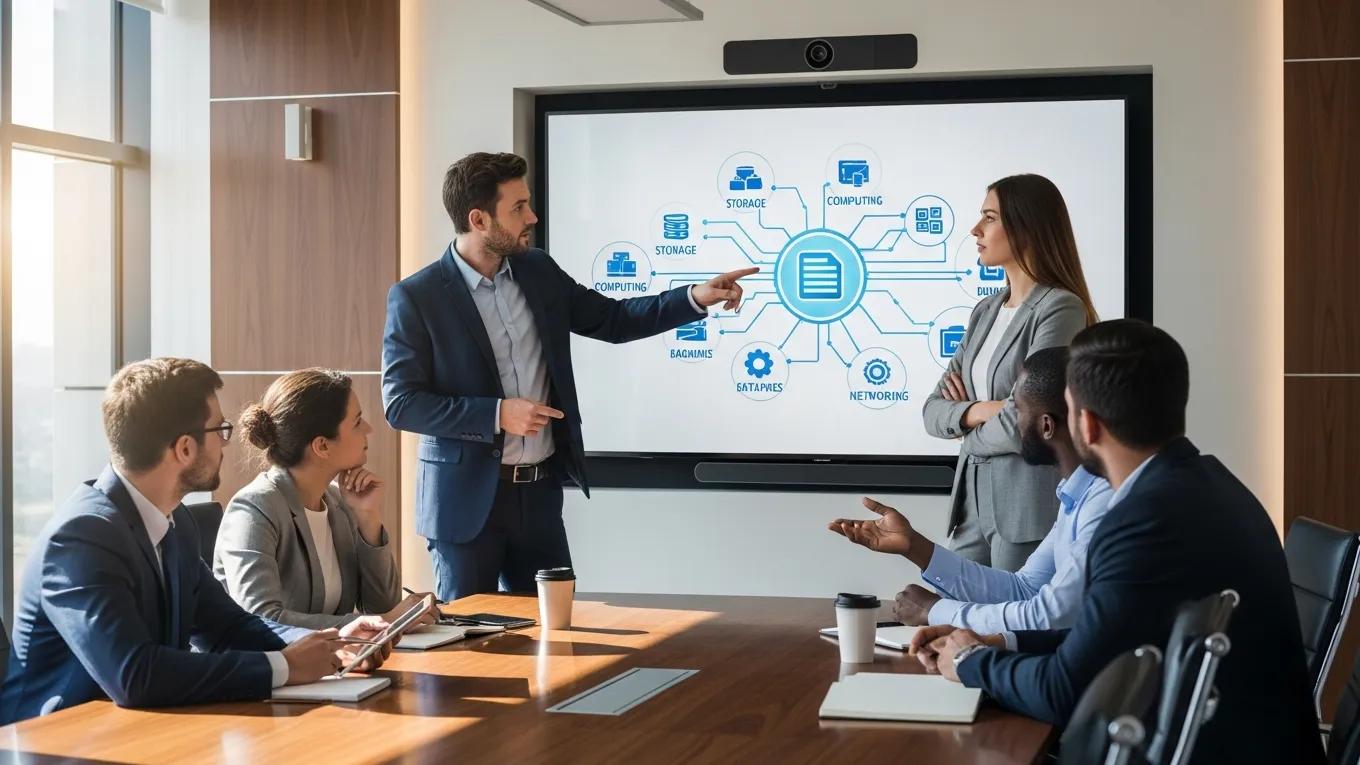 Business team discussing cloud support solutions with Tech365 in a conference room