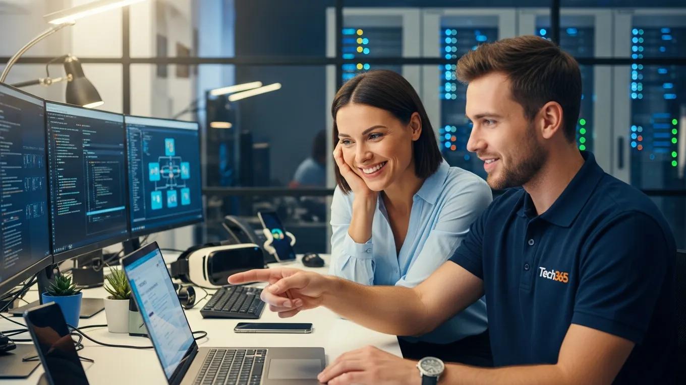 Client receiving proactive IT support from a Tech365 representative in an office