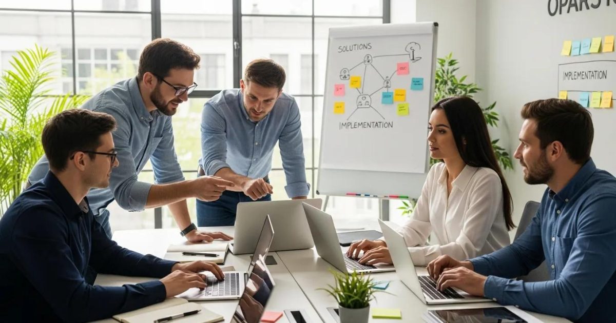 Small business team collaborating on managed IT solutions in a modern office