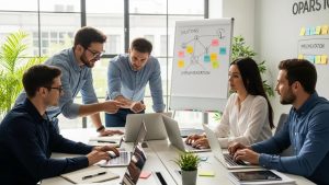 Small business team collaborating on managed IT solutions in a modern office