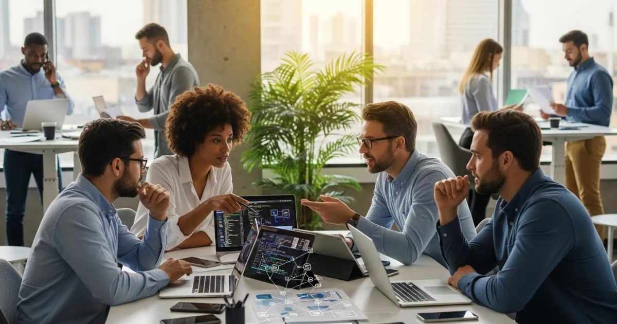 Team of IT professionals collaborating on managed IT services in a modern office