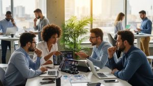 Team of IT professionals collaborating on managed IT services in a modern office