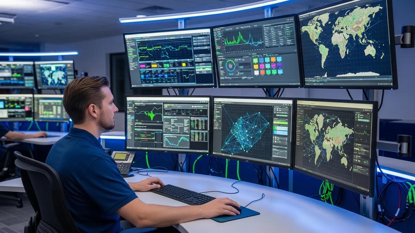 Technician monitoring IT systems from a control room