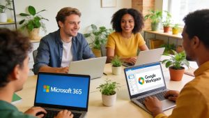 Modern workspace showing diverse professionals using cloud office suites Microsoft 365 and Google Workspace